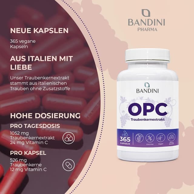 Detalle 2 de Bandini OPC Traubenkernextrakt 365 Kapseln mit 1076 mg Dosierung đź’Š