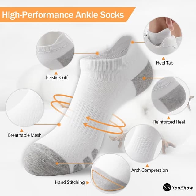 Detalle 2 de YouShow Cotton Trainer Socks (10 Pairs) – Ankle Sports Socks with Anti-Blister Support