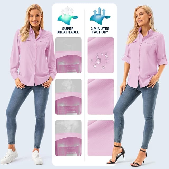 Detalle de Women’s UPF 50+ UV Sun Protection Safari Shirt (Long Sleeve, Quick-Dry) for Hiking, Fishing, Gardening