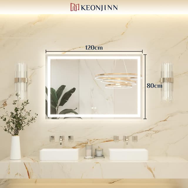 Detalle 2 de Keonjinn Badspiegel mit Beleuchtung 120x80 cm – LED, Anti-Beschlag, Touch & 3 Lichtfarben