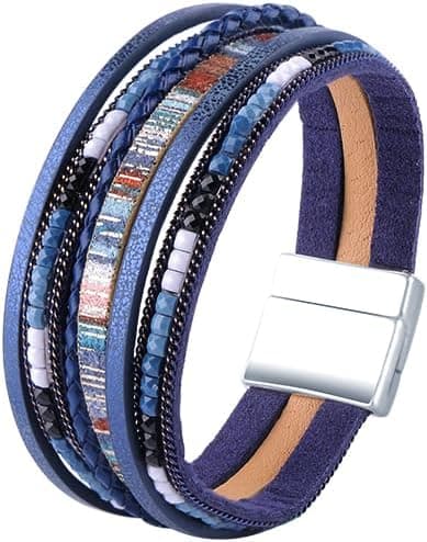 Detalle de Viwind Damen Lederarmband Boho Multilayer mit Magnetverschluss – ca. 19 cm, geflochtenes Wickelarmband