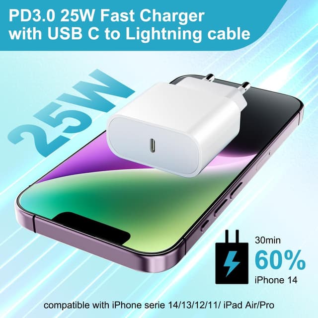 Detalle de Bamkey caricatore iPhone MFi da 25W con USB‑C e cavo Lightning da 2 m (compatibile iPhone 14/13/12 e altri)
