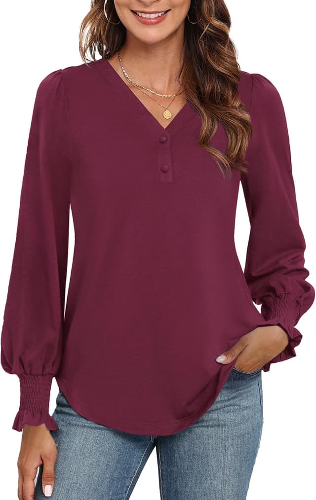 Detalle 2 de Neineiwu Langarmshirt Damen mit V-Ausschnitt und Knopfleiste – elegante Bluse lässig kombinierbar