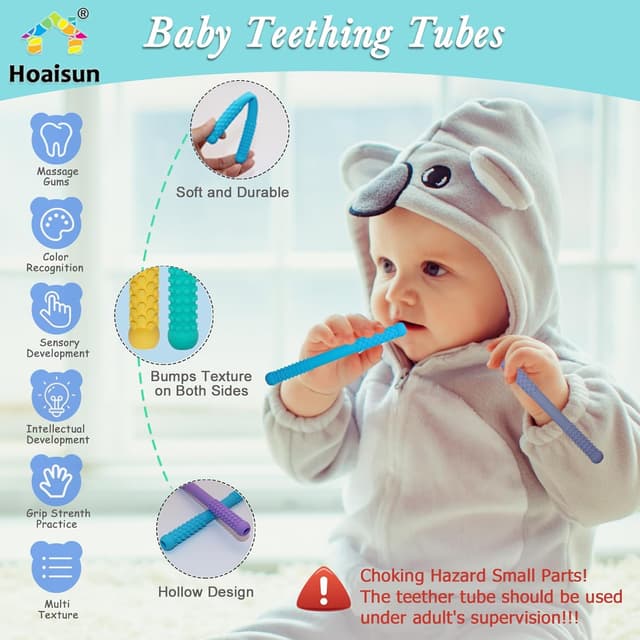 Detalle de 8 Pack Food-Grade Silicone Teething Straws (6–12 & 12–18 Months) – Hollow Teething Tubes for Babies