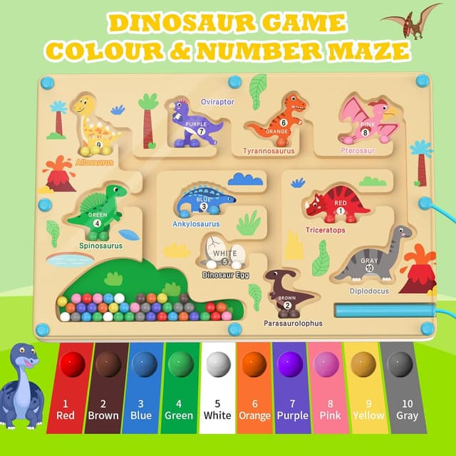 Detalle de Giochi Montessori dinosauro labirinto magnetico in legno con numeri 1–10 e 55 perline colorate