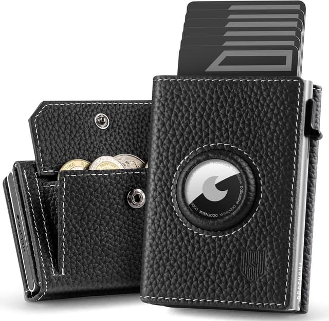 Detalle de DODENSHA Pebble Airtag Wallet mit XL Münzfach – Smart Kartenetui für bis zu 10+ Karten, RFID-Schutz, MagSnap, Schwarz/Silber