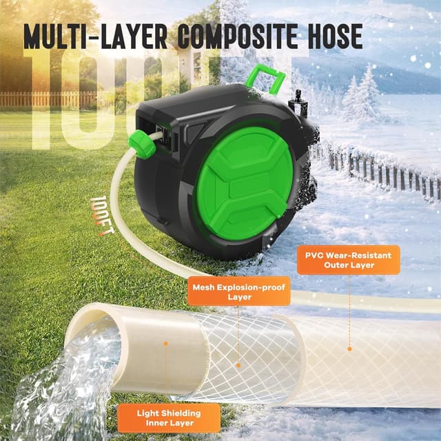 Detalle de Garden Hose Reel 2-in-1 Wall Mounted Portable Auto Rewind Hose Reel with 180° Swivel Bracket, Any Length Lock & 9-Pattern Nozzle (1/2in 30+2m)