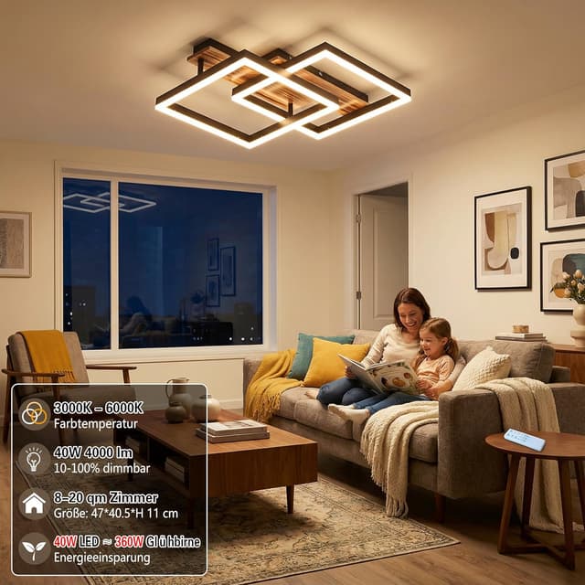 Detalle de SEATAIN LED Deckenleuchte Holz dimmbar (47 cm) mit Fernbedienung, Memory-Funktion & Nachtlicht