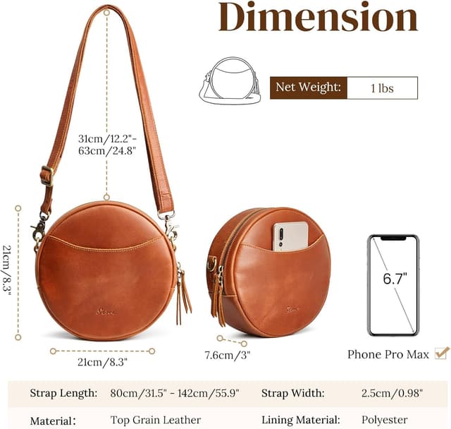 Detalle de S-ZONE leather circle crossbody bag for women with adjustable strap and multiple pockets