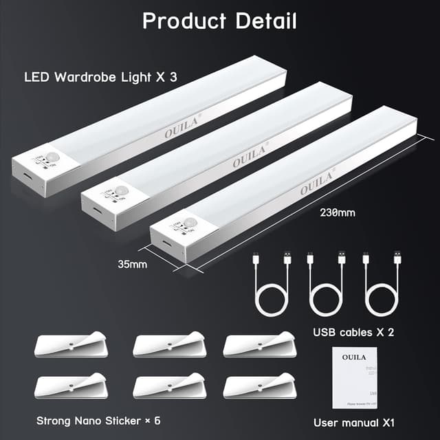Detalle 2 de OUILA Schrankbeleuchtung LED (3er-Set) mit Bewegungsmelder, batteriebetrieben, ohne Bohren