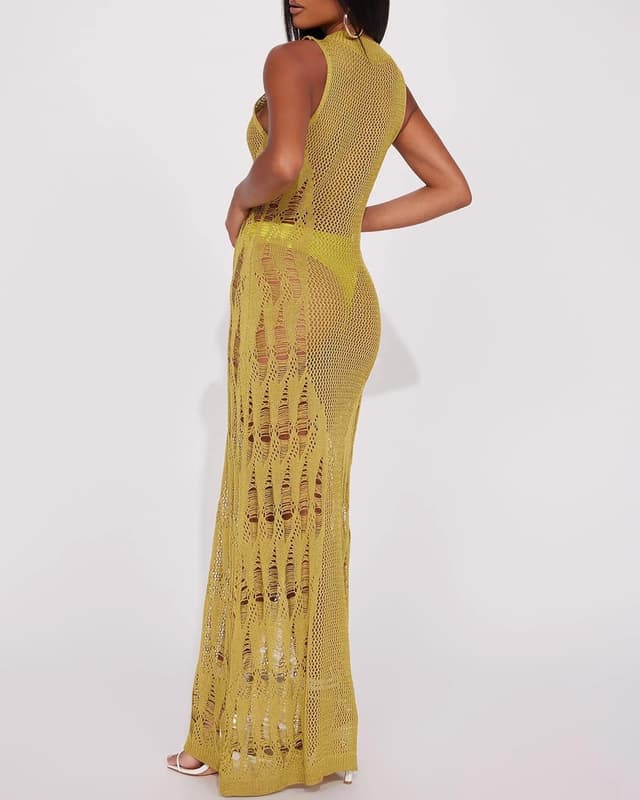 Detalle de Bsubseach crochet cover up dress for women with side split & hollow-out diamond pattern (sleeveless)