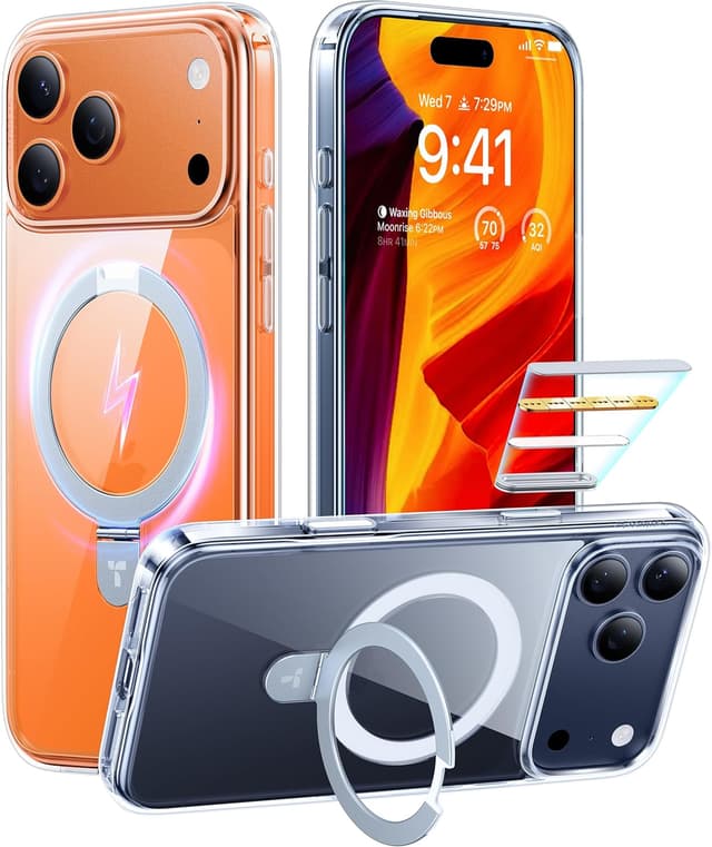 Detalle de TORRAS Ostand Magnetic Case for iPhone 17 Pro Max (MagSafe) with Built-In Stand & Camera Control Button, Clear Slim Soft Edge