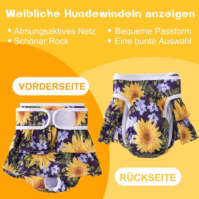 Detalle 2 de Demigreat Läufigkeitshose für Hündinnen (3er-Pack) Größe M – hochsaugfähig und größenverstellbar mit Windel-Einsatz Sonnenblume
