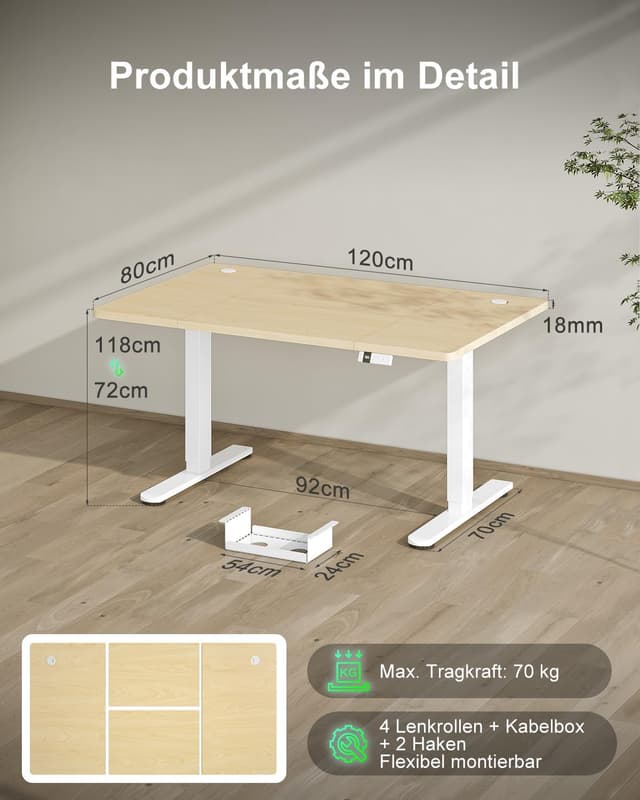 Detalle 2 de Devoko höhenverstellbarer Schreibtisch 120 x 80 cm elektrisch mit Typ-C Ladeanschluss (Eiche)