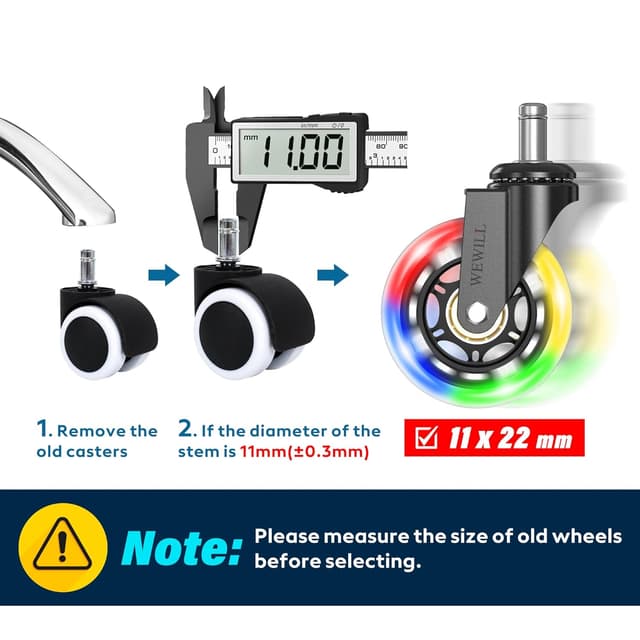 Detalle de WEWILL RGB Bürostuhl Rollen (3" / 11×22 mm) – 5er Set, leuchten beim Rollen in 4 Farben, ohne Batterie