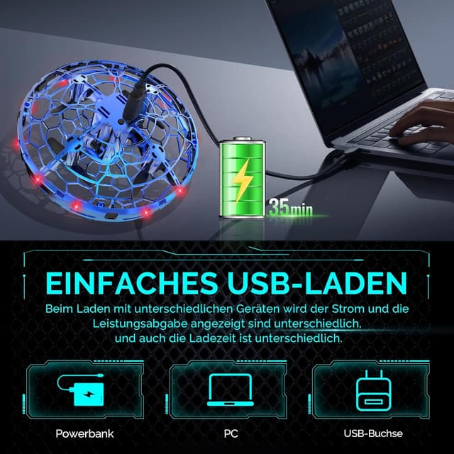 Detalle 2 de semai Mini UFO Drohne: fliegender Handball mit 360°-Hover, LED und IR-Sensoren (blau)