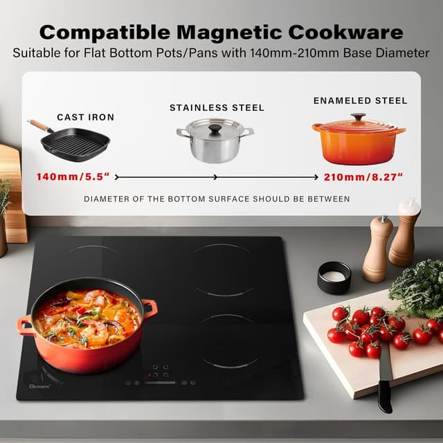 Detalle de GIONIEN Induktionskochfeld 60 cm mit 4 Zonen, Timer & Kindersicherung (6400 W)