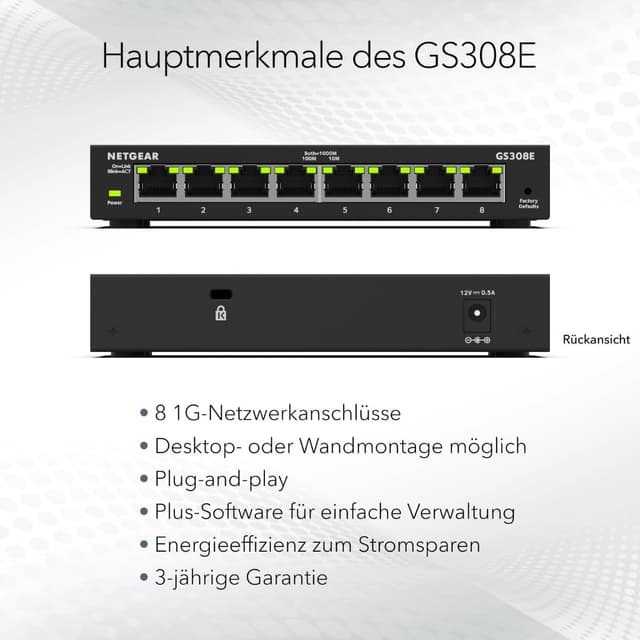 Detalle de NETGEAR GS308E Managed Switch (8-Port Gigabit) für VLAN, QoS und IGMP Snooping