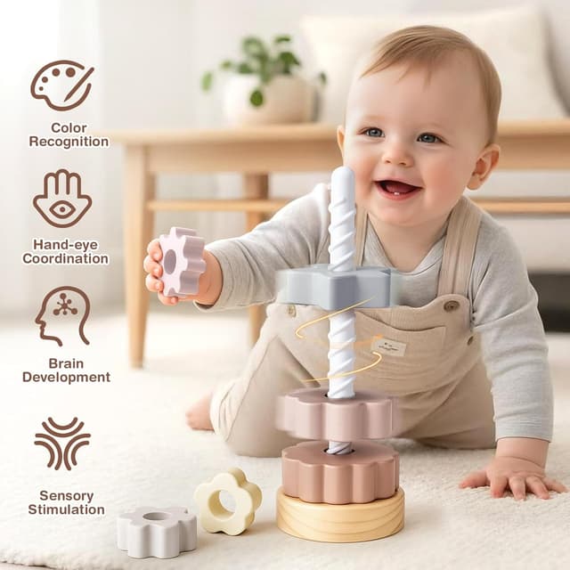 Detalle 2 de Joyreal Wooden Spinning Stacking Tower Toys – Rainbow Ring Stacker (Montessori-inspired cause & effect toy)