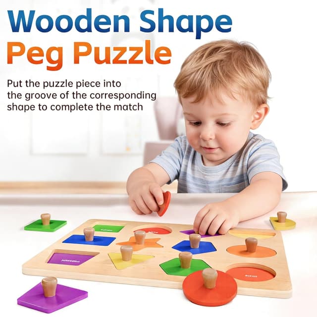 Detalle de Wooden Shape Peg Puzzles for Toddlers (12–24 Months) – Montessori-style shape sorter & colour match wooden board