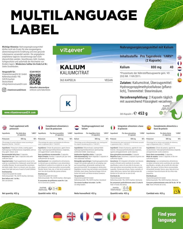 Detalle de vit4ever Kalium Kaliumcitrat 800 mg pro Tagesdosis – 365 Kapseln (6-Monatsvorrat, vegan)