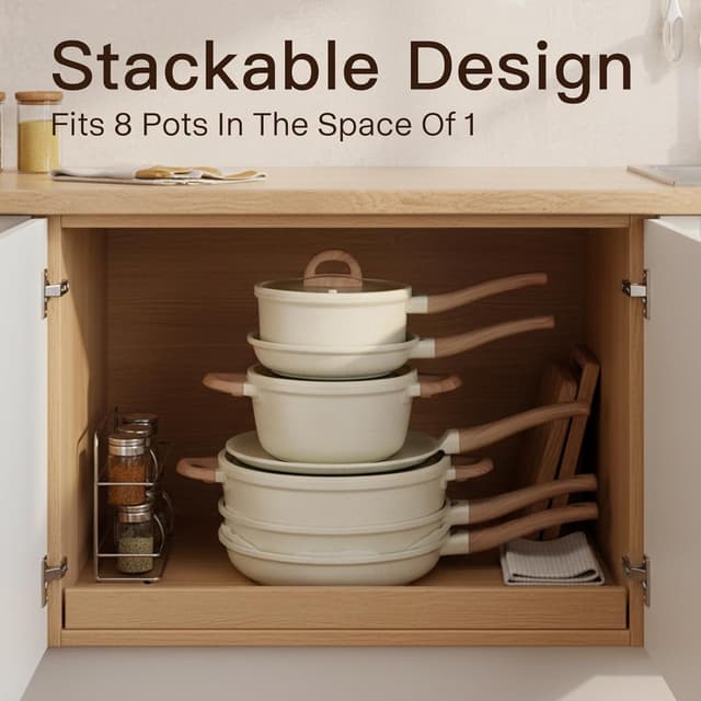 Thumbnail 6 de Non Stick Ceramic Pots and Pans Set (22-Piece) – Non-Toxic, Induction Compatible, Cream White Granite