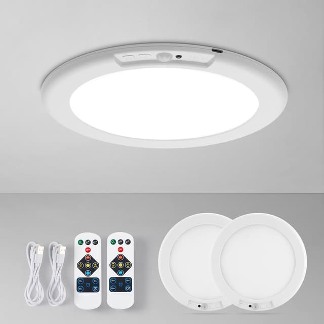 Detalle de Leselux Deckenlampe mit Bewegungsmelder innen, LED Akku-Leuchte (kabellos), 3 Farbtemperaturen & Fernbedienung – 2er-Set