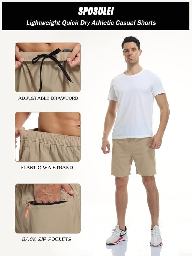 Detalle de SPOSULEI Men's Athletic Hiking Shorts — Water-Resistant Quick-Dry with Zipper Pockets