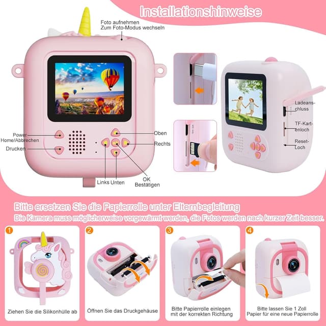 Detalle de ARNSSIEN Sofortbildkamera Kinder mit 180°-Klappobjektiv (2,4" 1080P) – M2 Rosa Einhorn