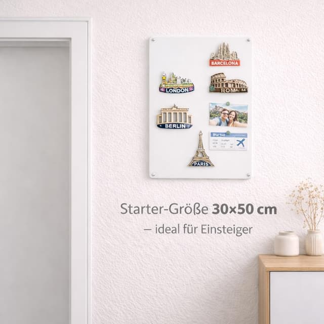 Detalle de Qiytecno Magnettafel für Reisemagnete 30x50 cm (weiß matt) – Starter-Tafel für Souvenir-Magnete, Fotos und Notizen