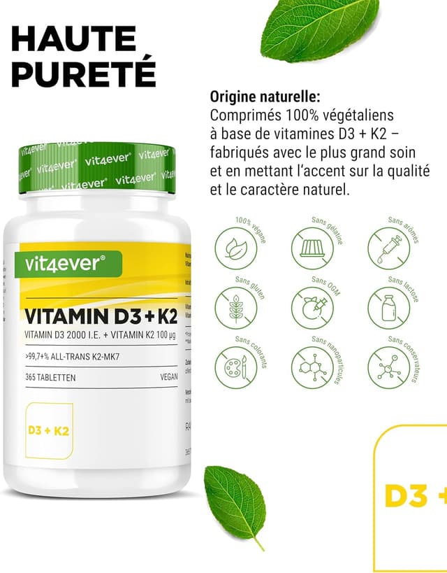 Detalle de vit4ever Vitamine D3 + K2-365 : 2000 UI de D3 et MK-7 par comprimé (365 comprimés)