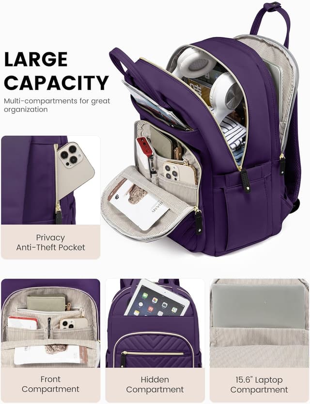 Detalle de LOVEVOOK Women’s Backpack for 15.6-inch Laptops (Purple) – Anti-theft Travel & Work Rucksack