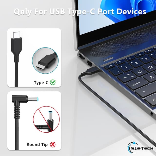 Detalle de SLE-TECH 65W USB-C Laptop Charger (Type-C) for HP Chromebook and Compatible Laptops/2-in-1s