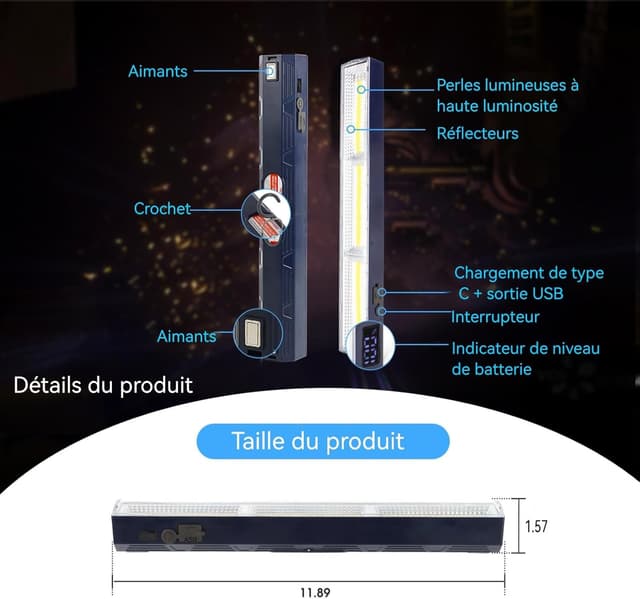Thumbnail 6 de LETOUR Baladeuse LED mécanicien rechargeable magnétique 5000 mAh, lampe de travail d’atelier