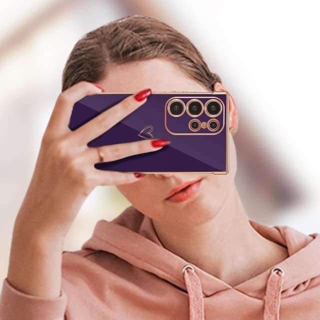 Detalle de ZTOFERA Handyhülle für Samsung Galaxy S24 Ultra 5G (6,8") – Silikon-Bumper mit Herz & goldenem Rand, dunkelviolett