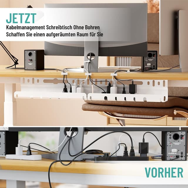 Detalle 2 de Kabelkanal für den Schreibtisch (ohne Bohren), 2er-Set in Weiß – Kabelmanagement zum Verlegen und Verdecken von Kabeln