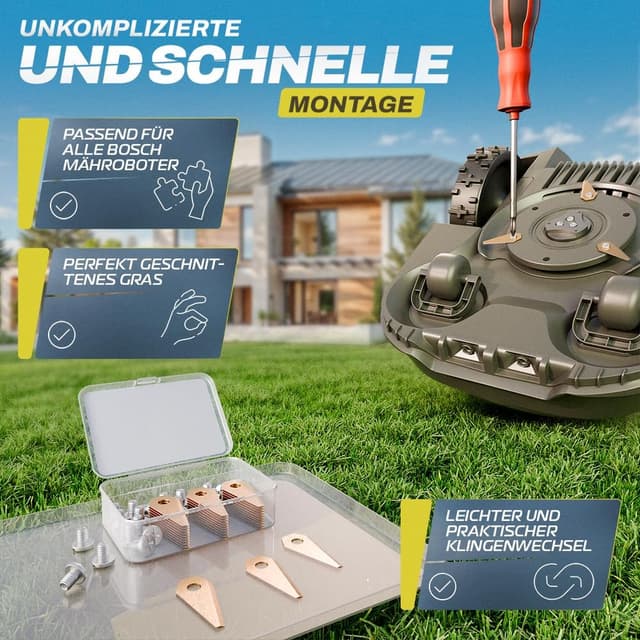 Detalle de Domar Mähroboter-Messer für Bosch Indego (inkl. Schrauben) – Ersatzklingen aus Edelstahl mit Titanbeschichtung