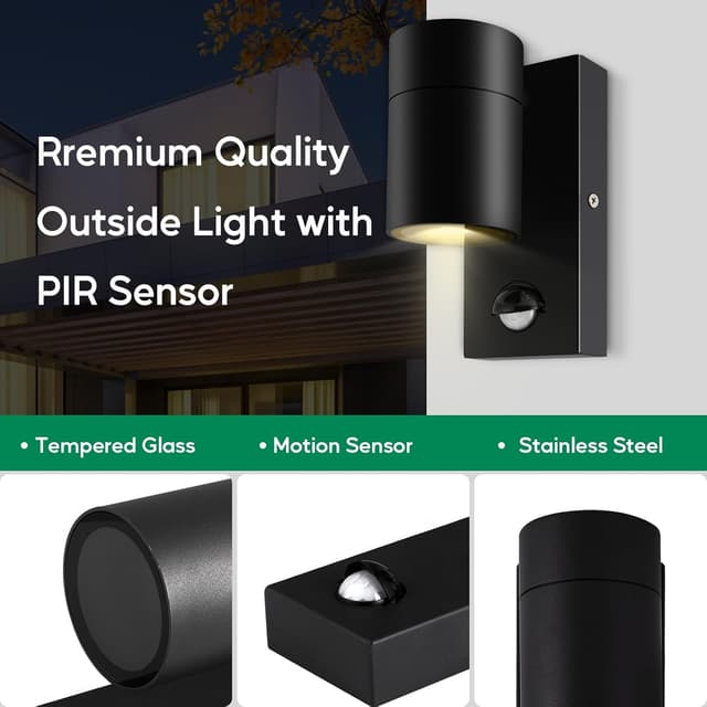 Detalle de Kerry Outdoor Motion Sensor Wall Lights (PIR) – IP44 Black Stainless Steel Downlights for Mains Power