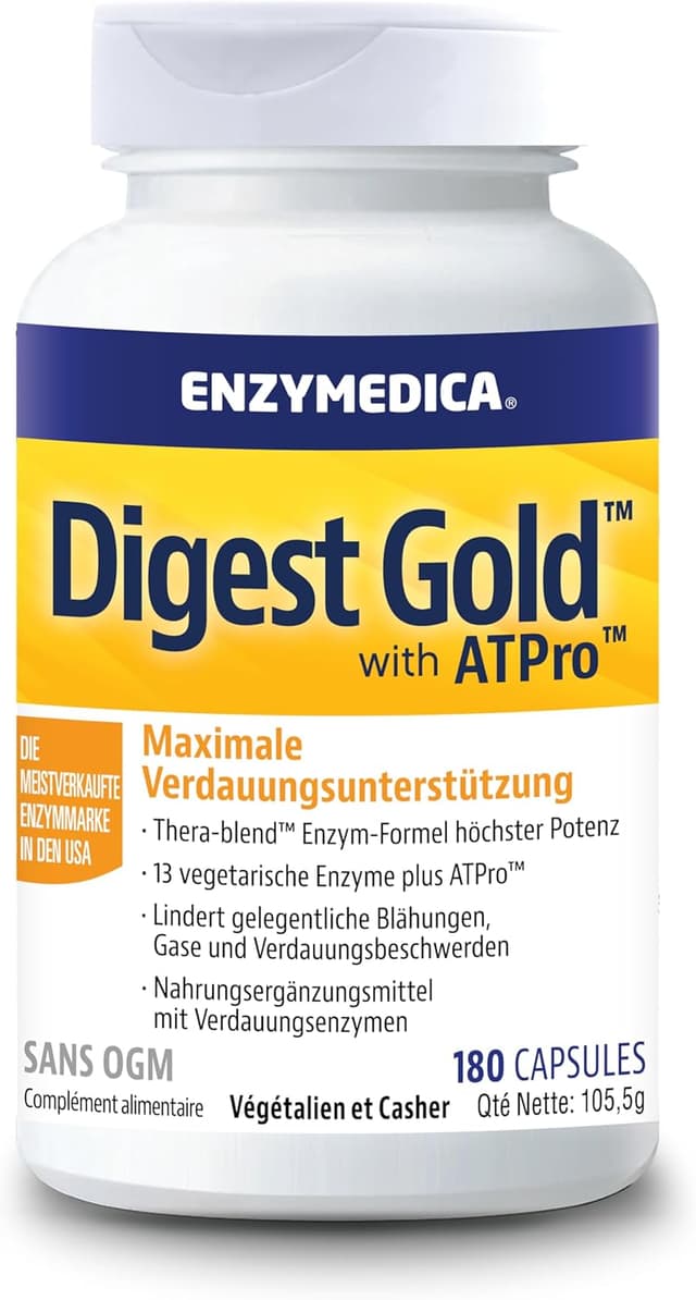 Detalle de Digest Gold von Enzymedica: schnell wirkende Enzym-Formel gegen Gase & Blähungen (180 Kapseln)