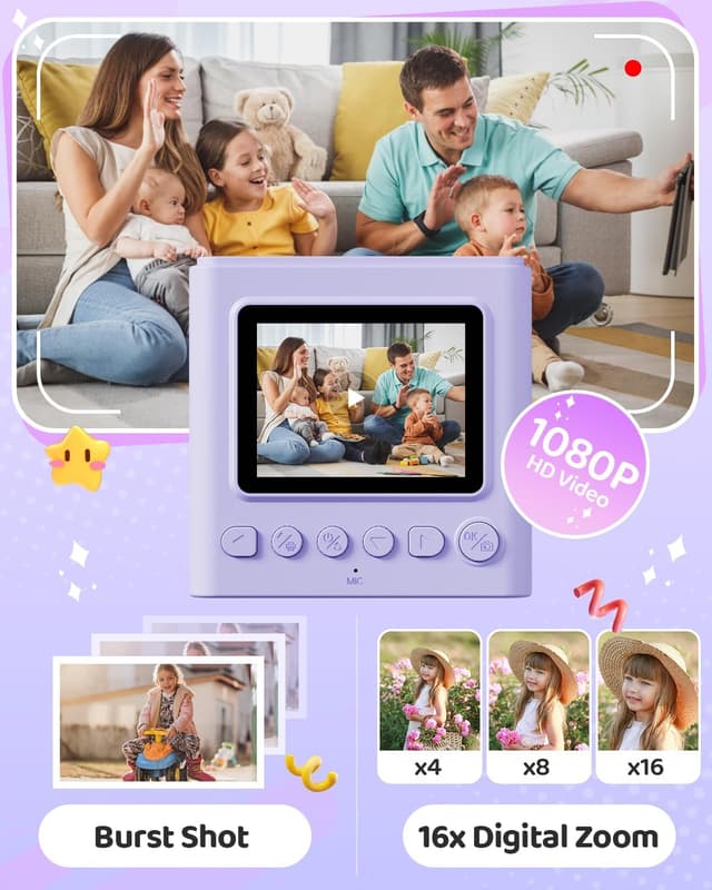 Detalle de TIATUA Kids Instant Print Camera (Purple) — 1080P HD Video + Instant Black-and-White Prints for Ages 3–14