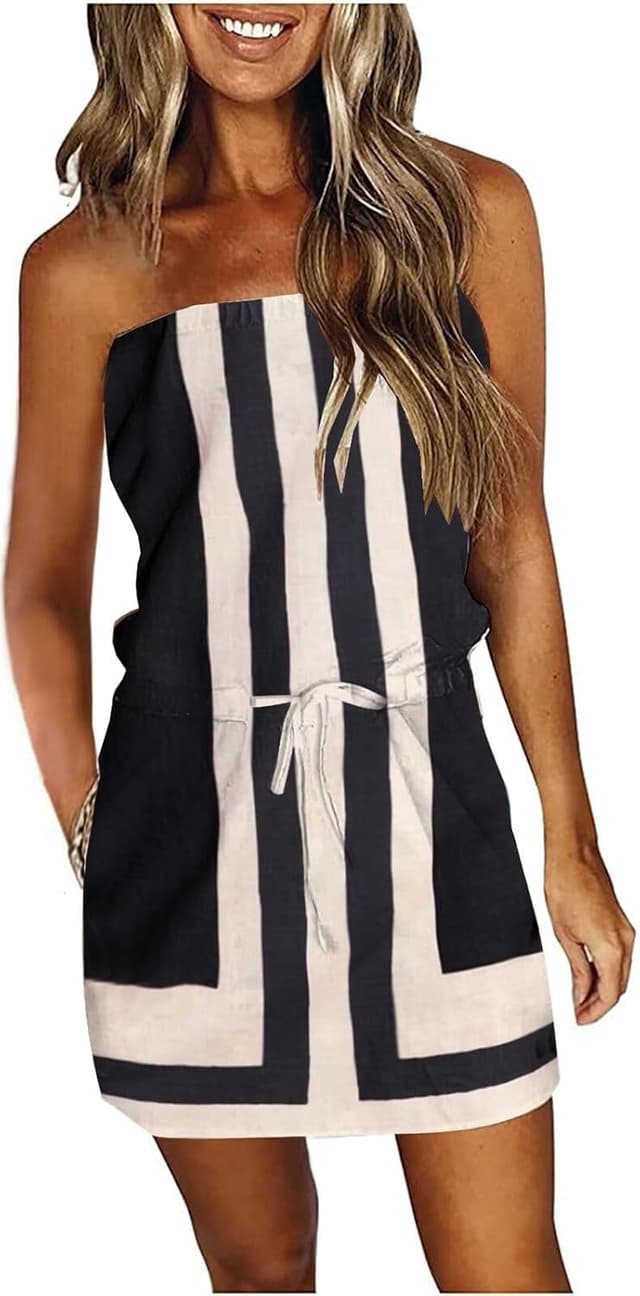 Detalle de SAUKOLE Strapless Summer Dress with Drawstring Waist and Pockets