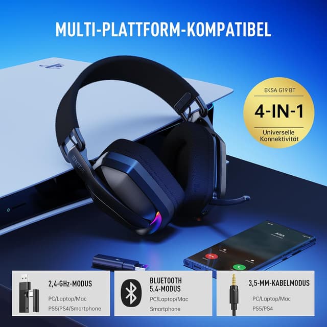 Detalle de EKSA 2,4GHz Wireless Gaming Headset mit Mikrofon (PS5/PS4, PC, Switch, Mac) & Bluetooth 5.4 – 169 g, Typ-C, bis zu 35 h