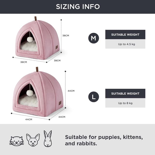 Detalle 2 de Bedsure Cat Cave Bed Indoor (Large) Flannel Hooded Igloo House with Removable Cushion & Toy Ball – Pink, 44x44x44cm