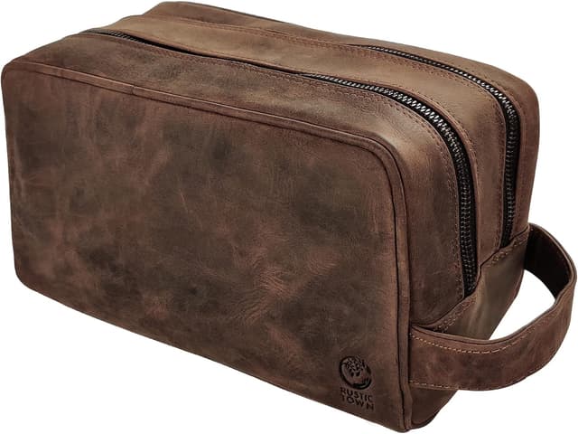 Detalle de RUSTIC TOWN Full Grain Leather Toiletry Bag 10.5in