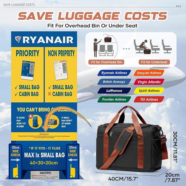 Detalle de for Ryanair Airlines Underseat Cabin Bag 40x30x20 Weekender Holdall with Wet Pocket & Shoe Compartment