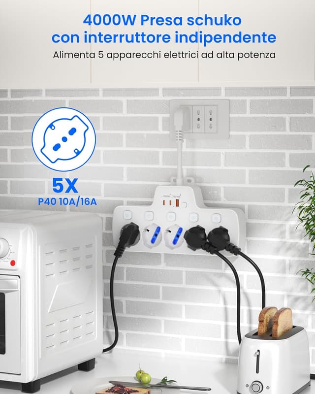 Detalle de Multipresa elettrica ciabatta con USB C 5 posti