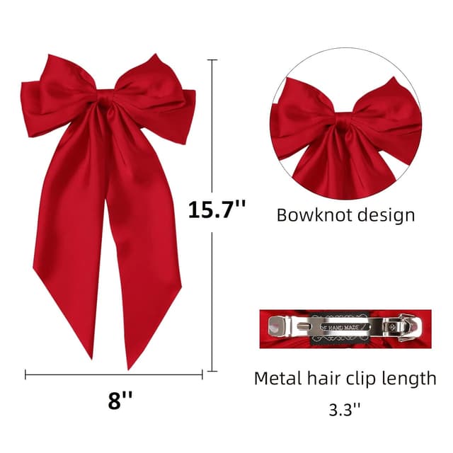 Detalle 2 de Hair Bows for Women & Girls (8-Piece) Satin Ribbon Bow Hair Clips with Long Tails