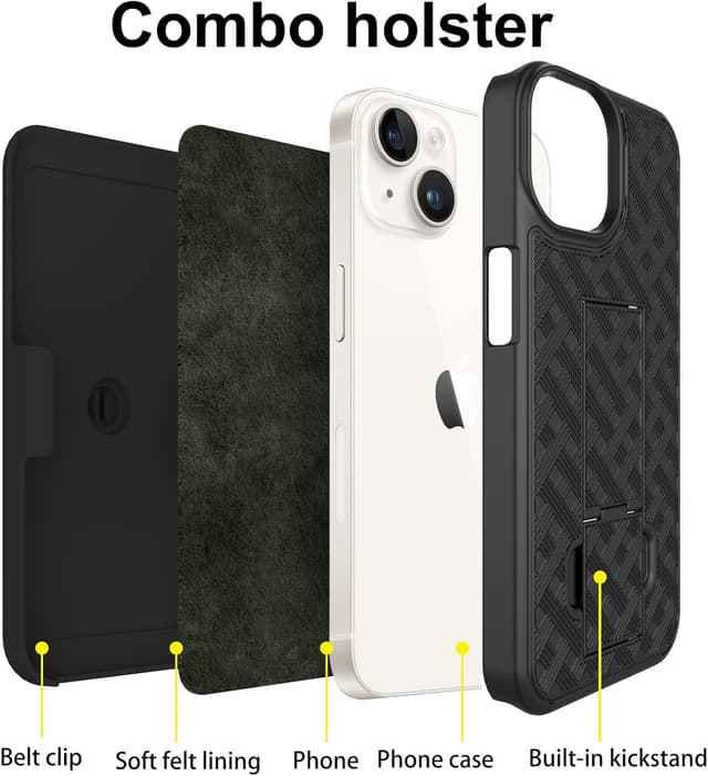 Detalle de Ailiber Designed for iPhone 15 Pro Case with Stand & Belt Clip Holster (Black) + Full Screen Protector
