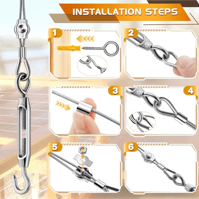 Detalle de 94-piece 304 Stainless Steel Wire Rope Kit (PVC Coated) with M4 Turnbuckles – 60m Garden Wire