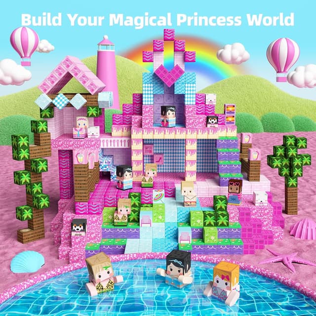 Detalle de GobiDex 100PCS Magnetic Blocks Princess Building Set (Pink Castle & Poolside Villas)